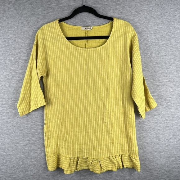 Lungo L'arno Tops - Lungo L'arno 100% Linen Yellow Striped 3/4 Sleeve Lagenlook Blouse Tunic Small